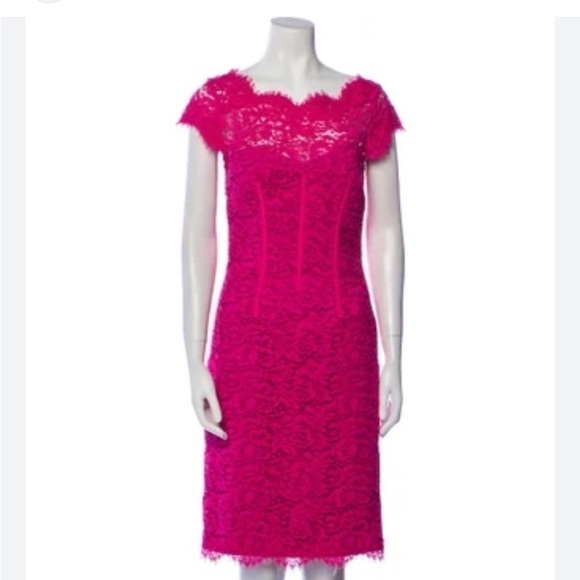 Monique Lhuillier Pink Floral Lace Scalloped Trim Cut Out Back Detail Dress - Picture 1 of 2